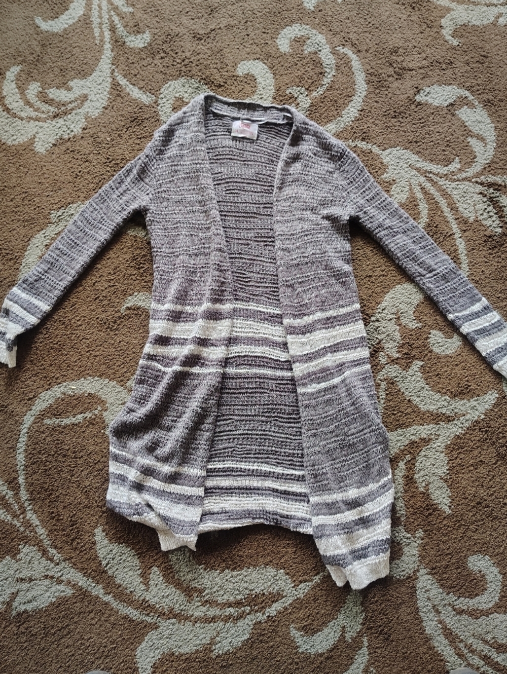 Justice Girls Open Front Striped Cardigan - Gray and Cream Soft Size 14